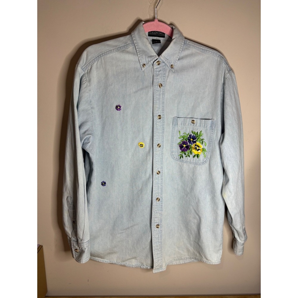LA Loving Womens Light Wash Denim Embroidered Pansy Floral Button Down Shirt M